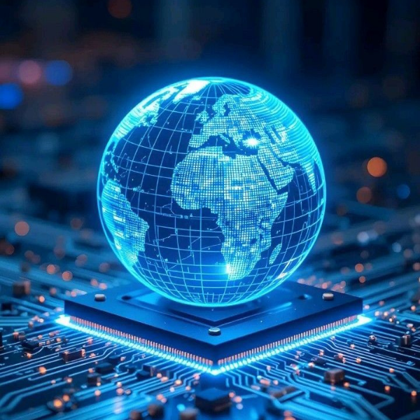 Leuchtende blaue digitale Weltkugel schwebend über einem Mikrochip auf einer Platine.