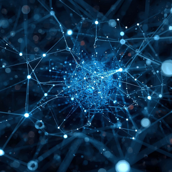 Abstraktes digitales Netzwerksystem mit leuchtenden blauen Knotenpunkten und Verbindungen vor dunklem Hintergrund.