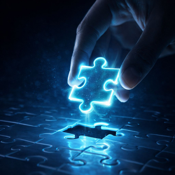 Hand hält ein leuchtendes Puzzlestück über ein passendes Loch auf einem dunklen Puzzle.