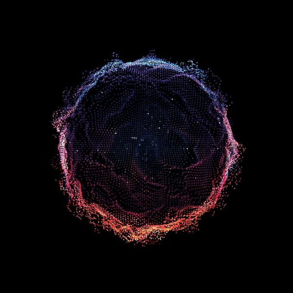 Leuchtender Kugel aus farbigen Punkten mit Rot-, Blau- und Violetttönen auf schwarzem Hintergrund.