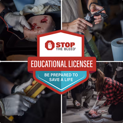 Collage showing hands applying medical tourniquets and care to simulated injuries with a central badge reading 'Stop the Bleed Educational Licensee: Be prepared to save a life.'