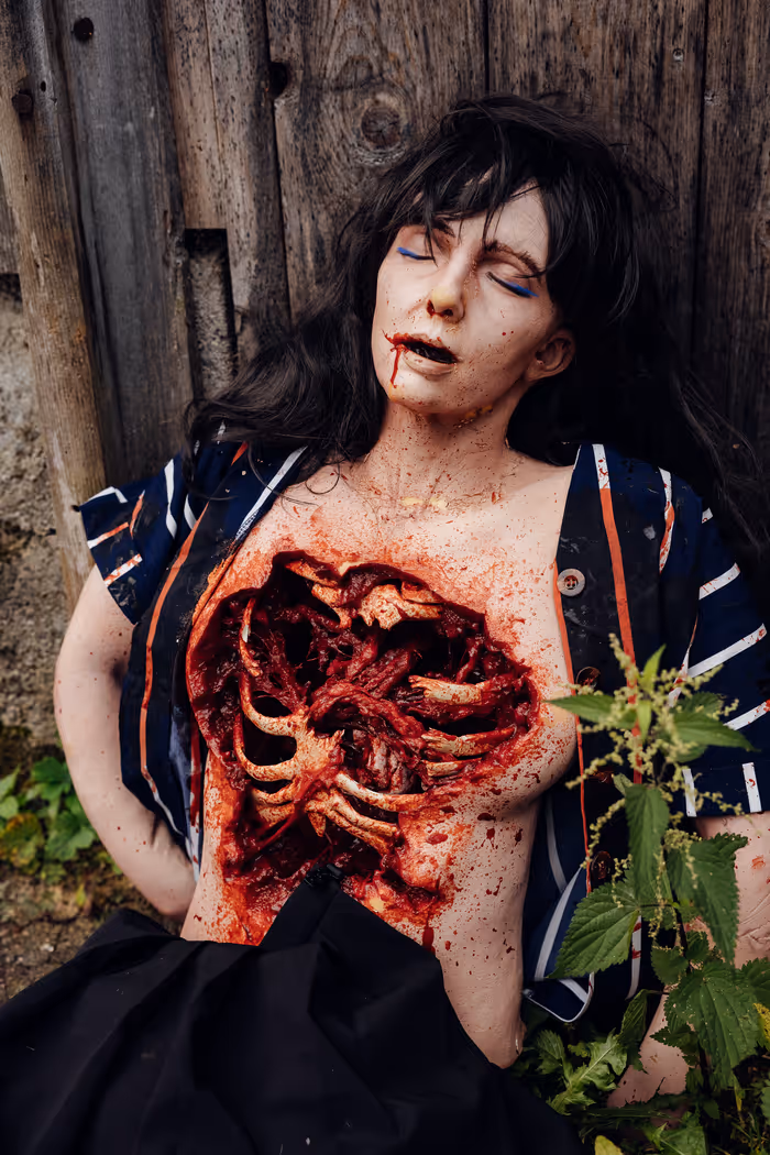 Eine Frau mit schwarzen Haaren liegt mit geöffnetem Oberkörper, sichtbar sind Rippen und Kunstblut, vor einer hölzernen Wand.