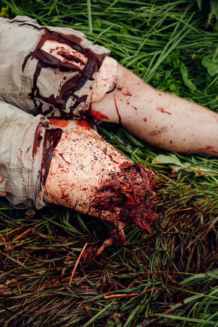 Abgetrenntes, blutiges Bein liegt auf nassem Gras; Hose ist zerrissen und blutverschmiert.