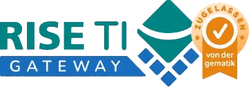 Logo von Rise TI Gateway mit einem stilisierten grünen Dach und einem orangefarbenen Badge mit Häkchen, das die Zertifizierung von gematik anzeigt.