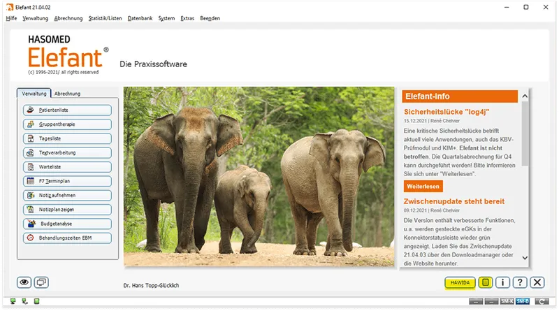 Benutzeroberfläche der HASOMED Elefant Praxissoftware mit einem Bild von drei Elefanten, Menülinks und Informationsbereich rechts.