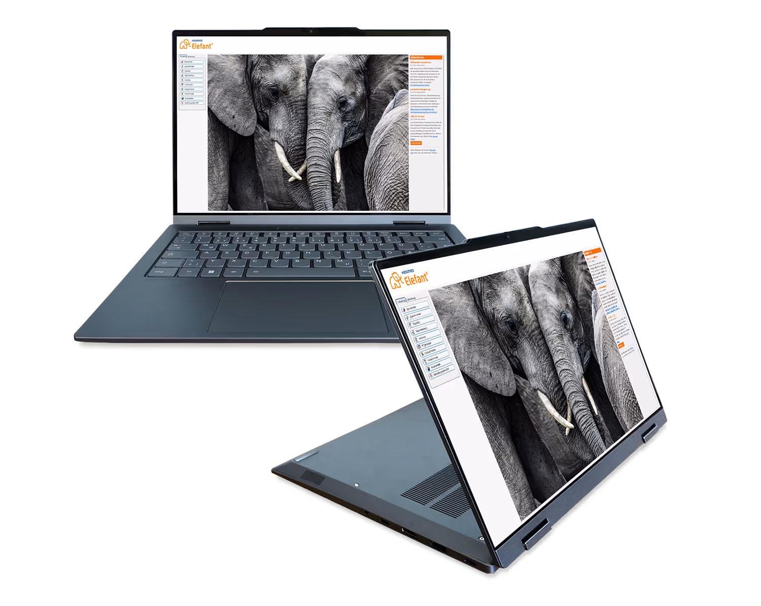 Zwei Lenovo 2-in-1 Laptops, einer im Laptop-Modus und einer im Zelt-Modus, zeigen ein Bild von Elefanten auf ihren Bildschirmen.