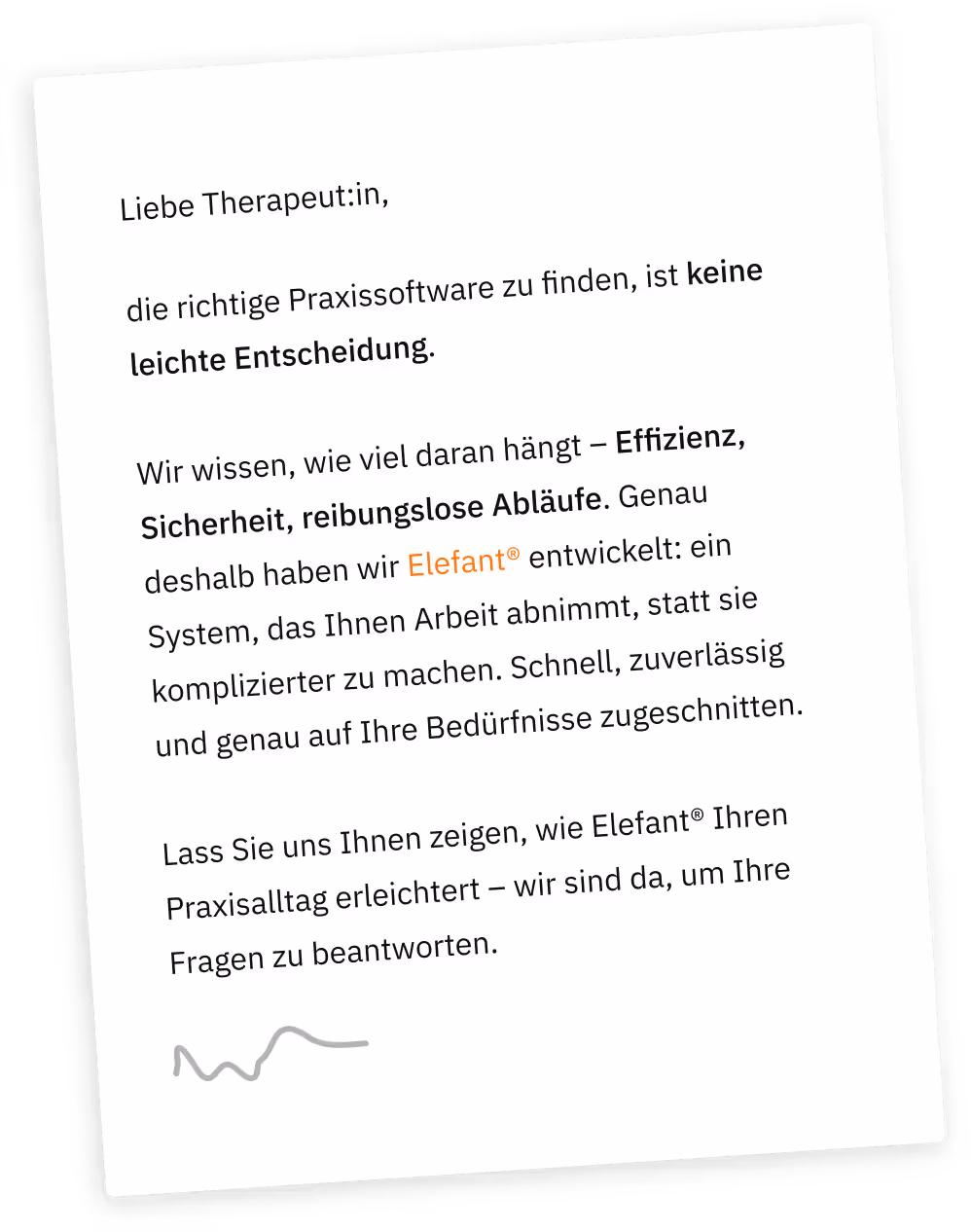 Brief an Therapeuten über die Herausforderungen bei der Wahl der richtigen Praxissoftware und die Vorstellung des effizienten und sicheren Elefant®-Systems.
