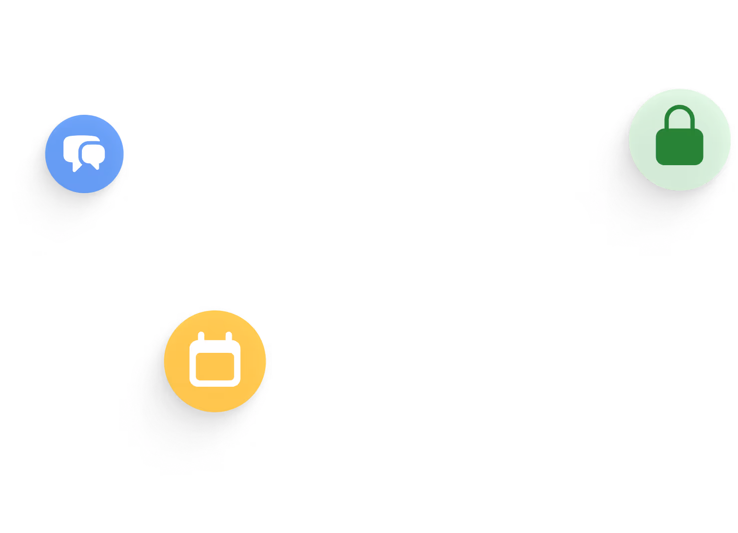 Drei Kreissymbole mit Text: blaues Chat-Symbol für einfache Kommunikation, grünes Schloss-Symbol für maximale Sicherheit, gelbes Kalender-Symbol für einfache Terminplanung.