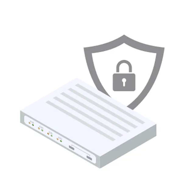 Abbildung eines weißen Routers mit einem Schild und einem Vorhängeschloss-Symbol im Hintergrund zur Darstellung von Netzwerksicherheit.
