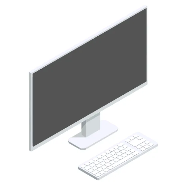 Isometrischer Computerbildschirm mit Tastatur in Weiß.
