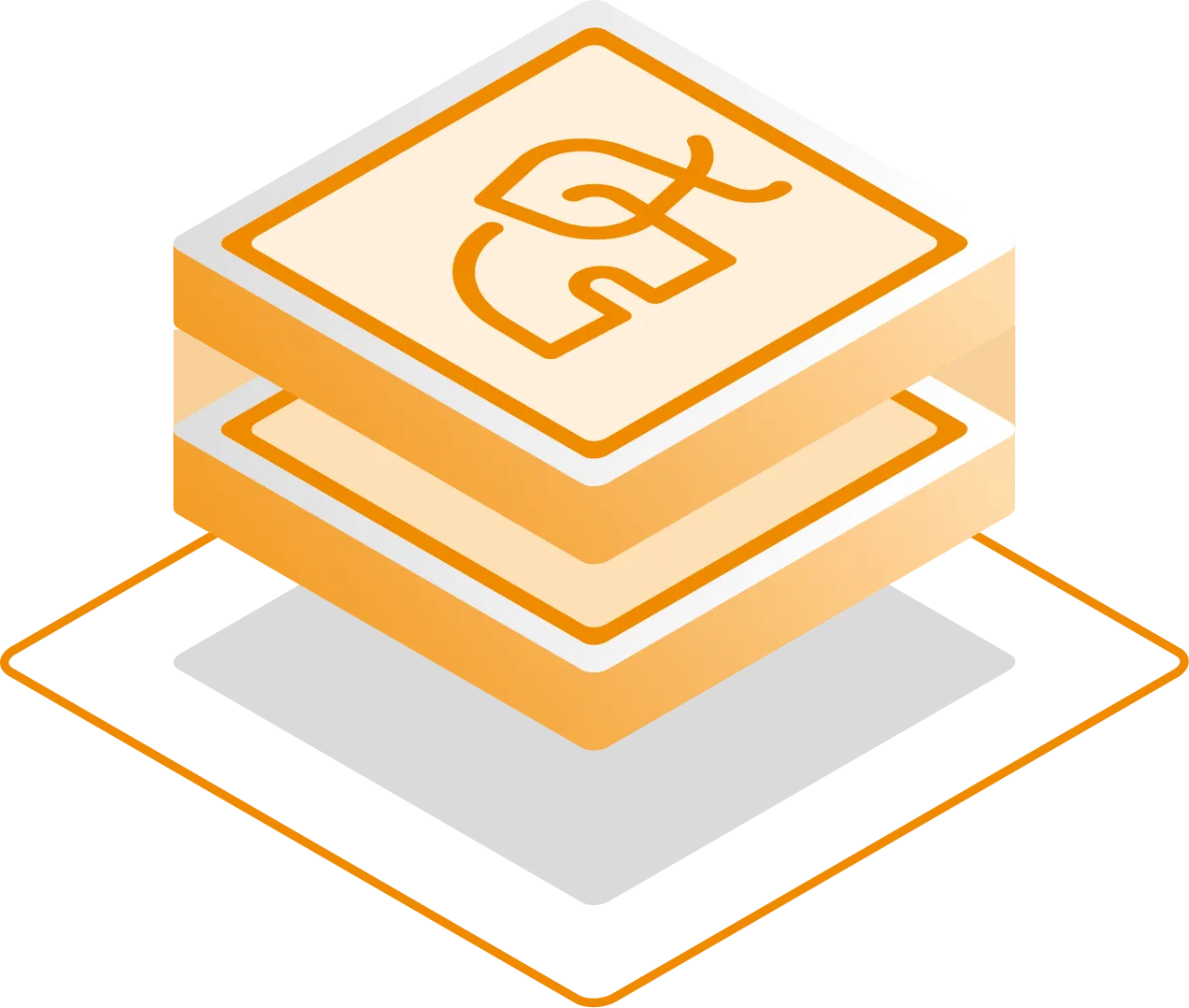 Abstraktes Symbol aus zwei gestapelten, orangefarbenen quadratischen Schichten mit Linienzeichnung oben.