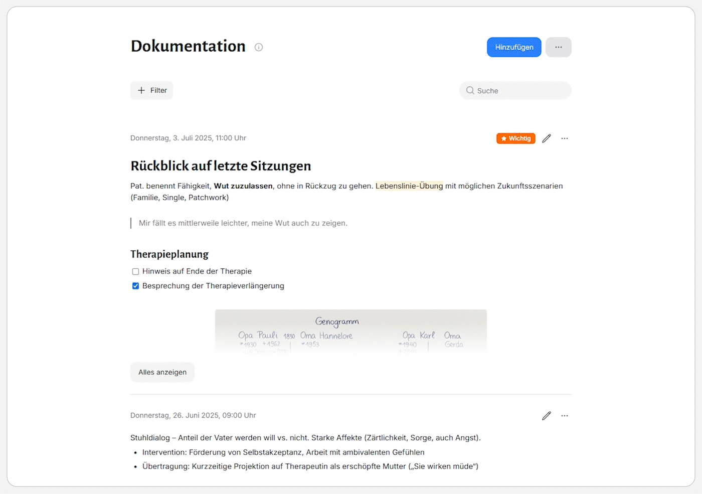 Screenshot eines Dokumentationssystems mit Therapiebericht, Therapieplanung und Genogramm-Handzeichnung.