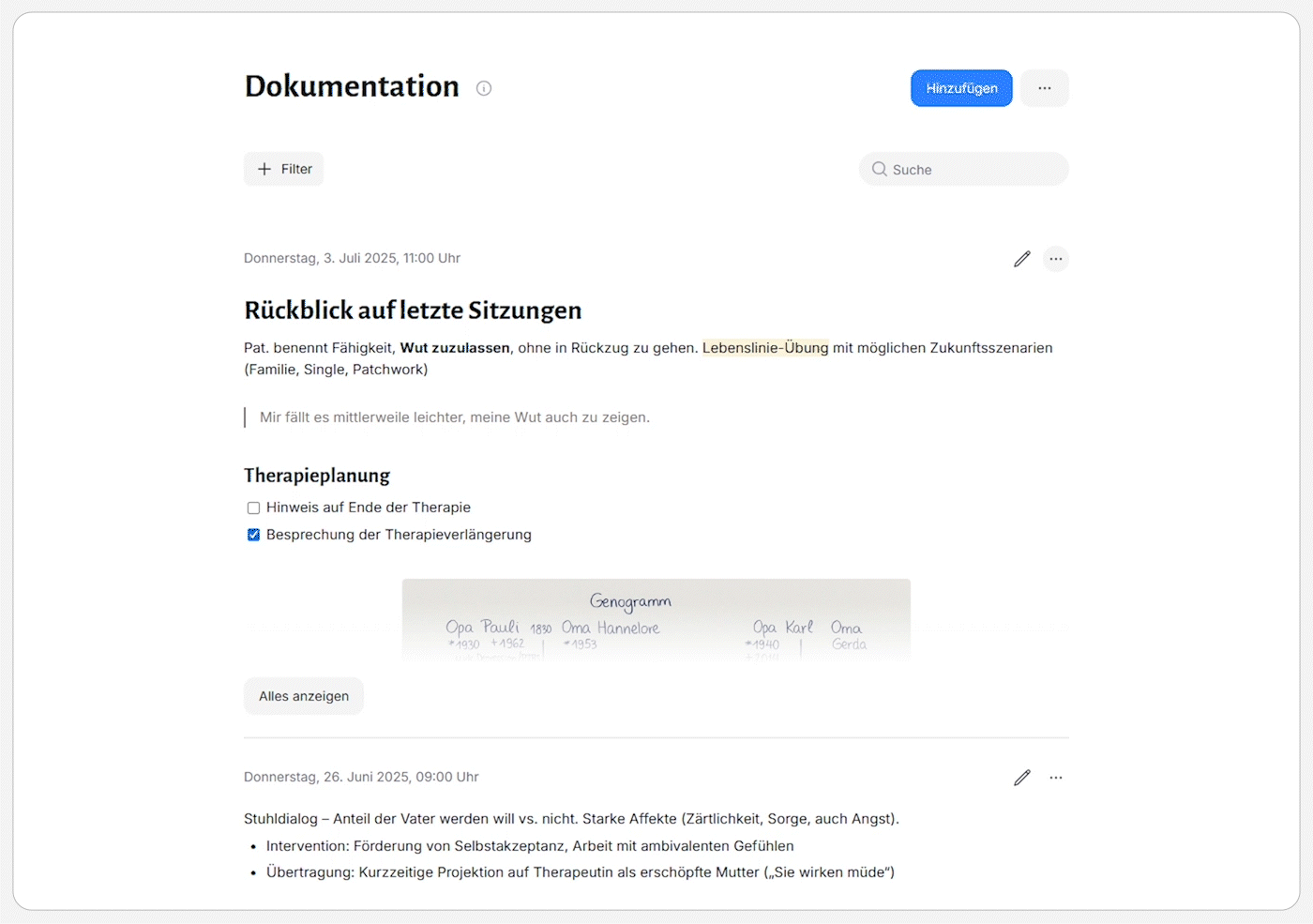 Digitale Dokumentationsseite mit Einträgen zur Therapieplanung, Notizen zu Wut zulassen und Lebenslinie-Übung, inklusive Datum, Checkboxen und Genogramm-Foto.