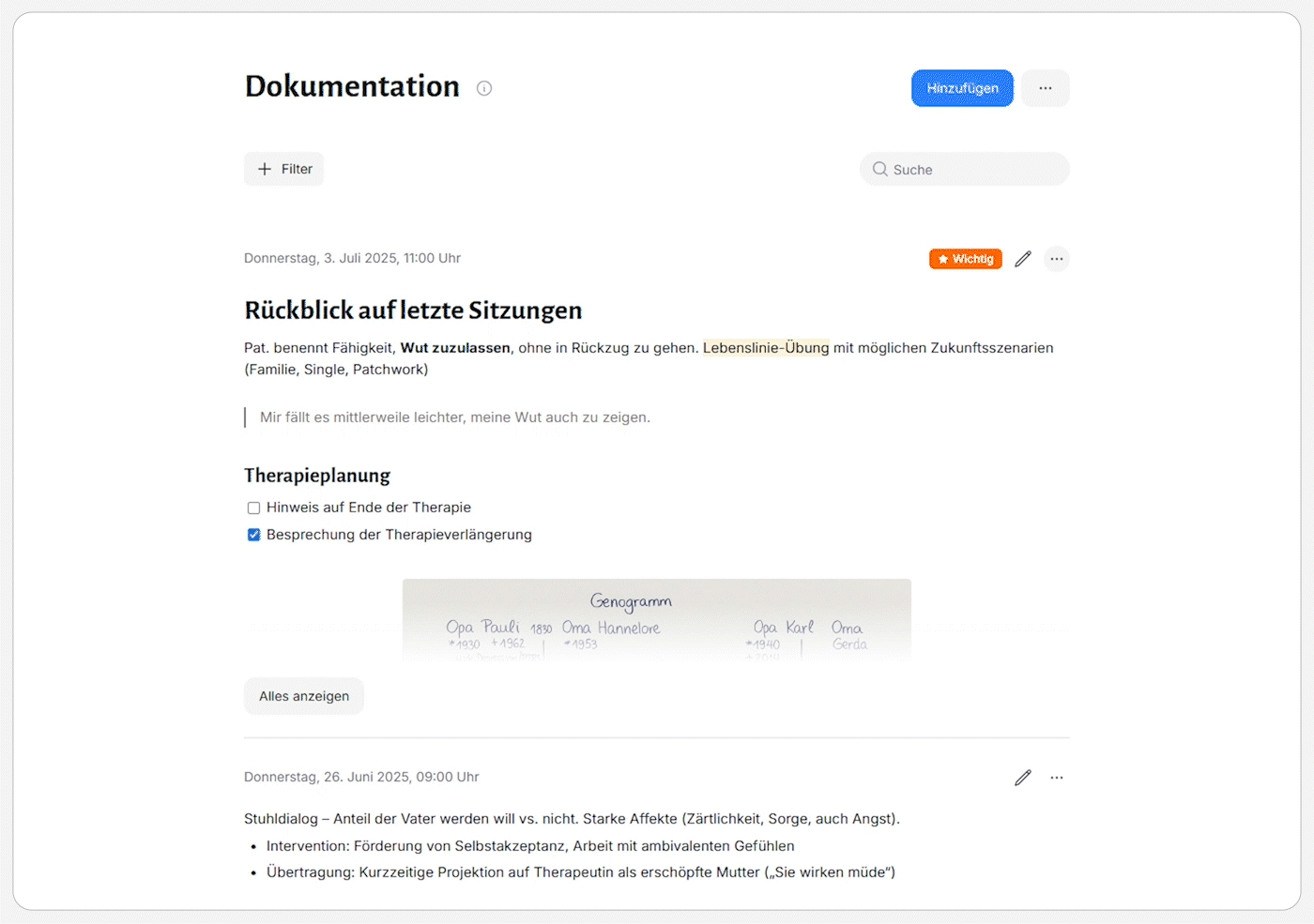 Screenshot einer Dokumentationsseite mit Einträgen zu Therapiesitzungen, Therapieplanung und einem Genogramm.