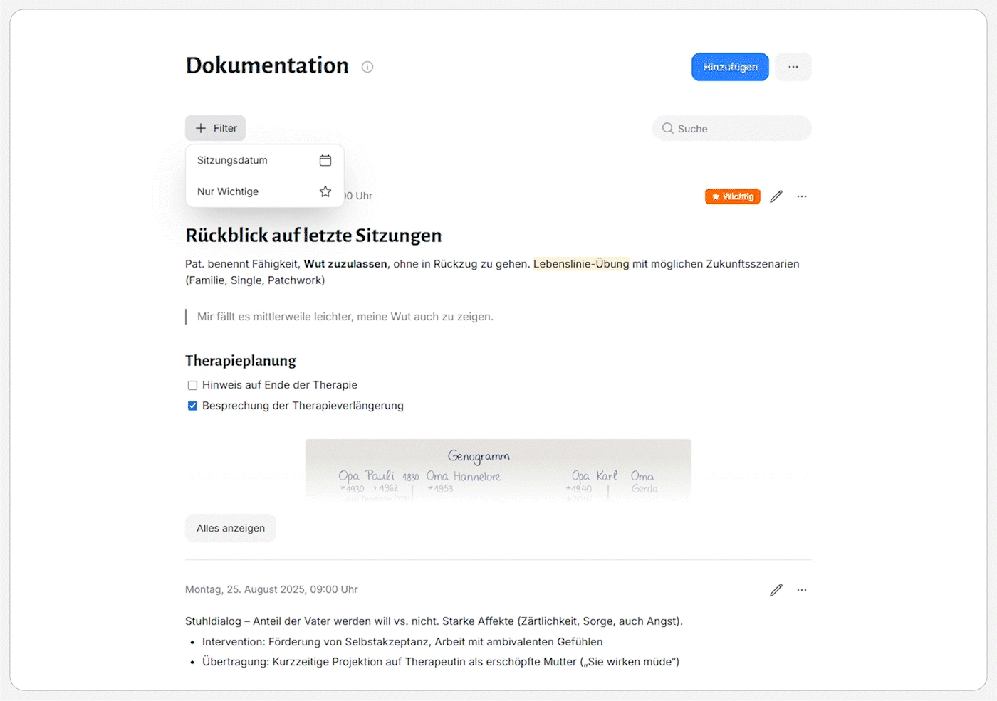 Screenshot einer deutschsprachigen Dokumentationsseite mit Filteroptionen, Rückblick auf letzte Sitzungen, Therapieplanung und einer Genogramm-Skizze.