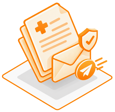Illustration von medizinischen Dokumenten mit einem Briefumschlag, Schild mit Häkchen und Papierflieger-Symbol als Symbol für sichere Versand- oder Kommunikationsdienste im Gesundheitsbereich.