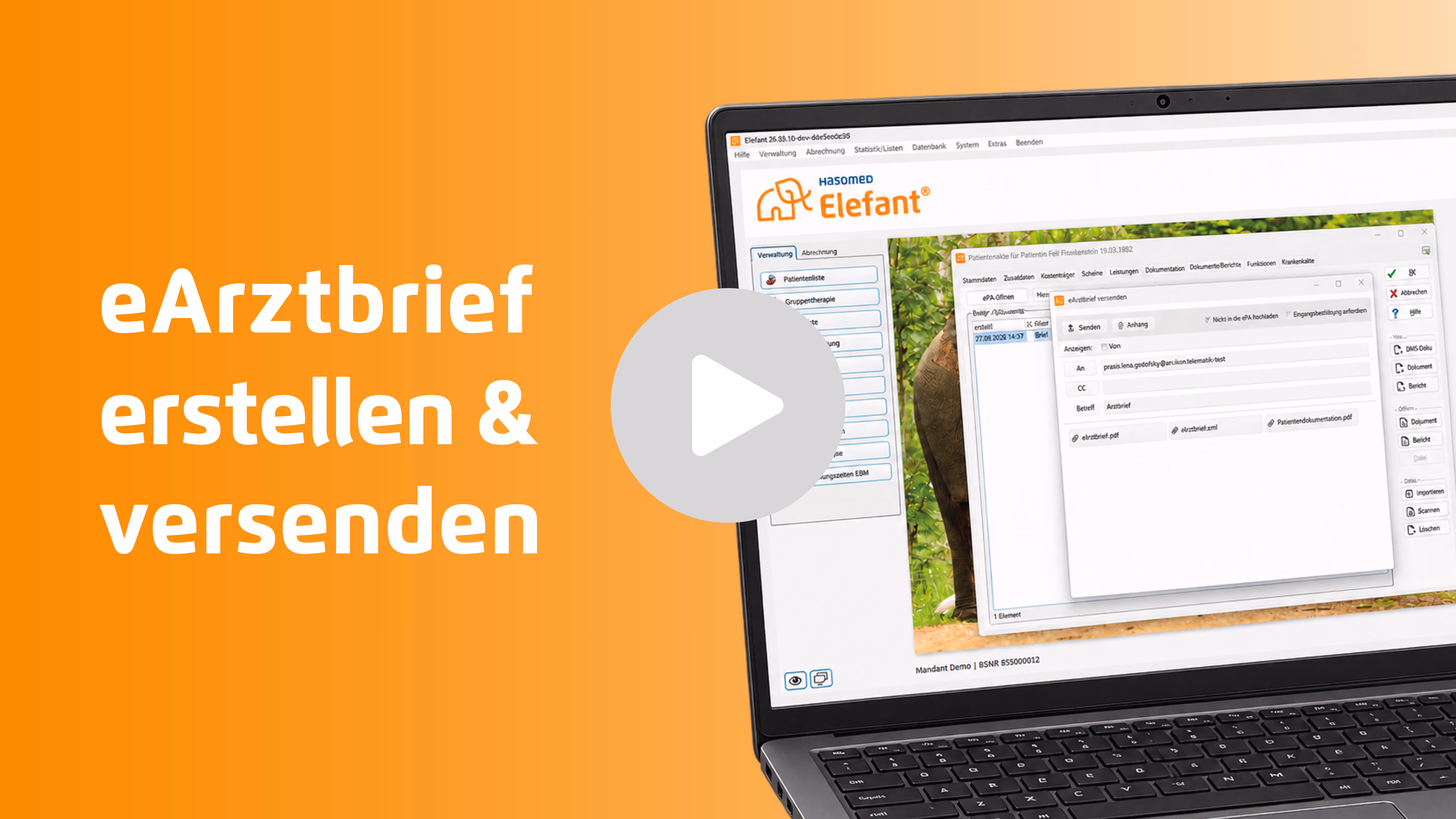 Aufgeklappter Laptop mit Elefant-Software geöffnet, Fenster für eArztbrief geöffnet