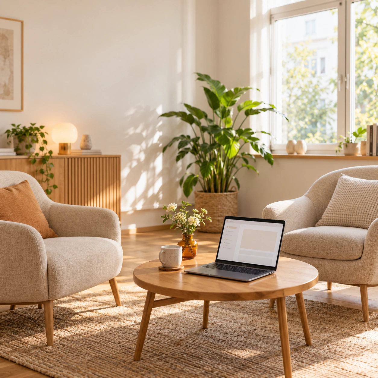 Helles Therapiezimmer mit Sitzgruppe und Laptop auf einem Holztisch