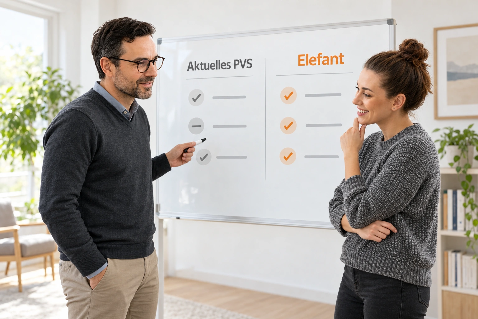 Ein Mann und eine Frau vergleichen am Board ihr aktuelles PVS mit Elefant