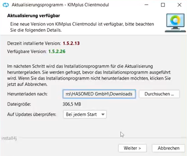 kim+ Auto-Update Benachrichtigung