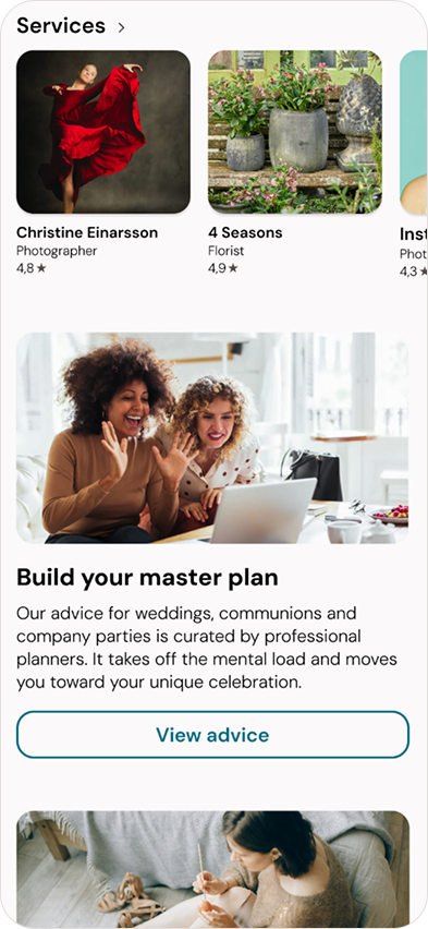 Mobile app interface showing services with photographer and florist listings, and a section titled Build your master plan with two women smiling at a laptop.