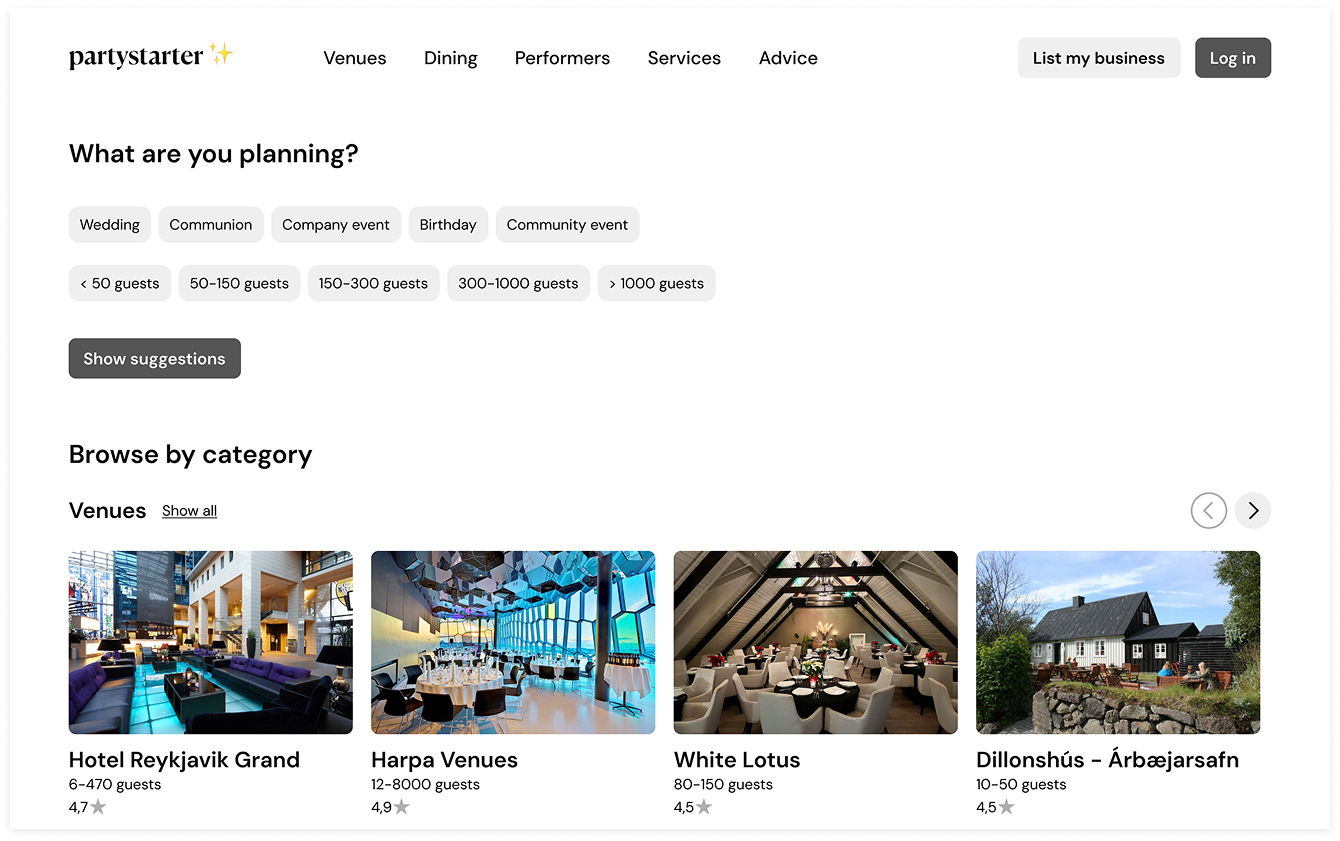 PartyStarter website homepage showing event planning options and venue listings.