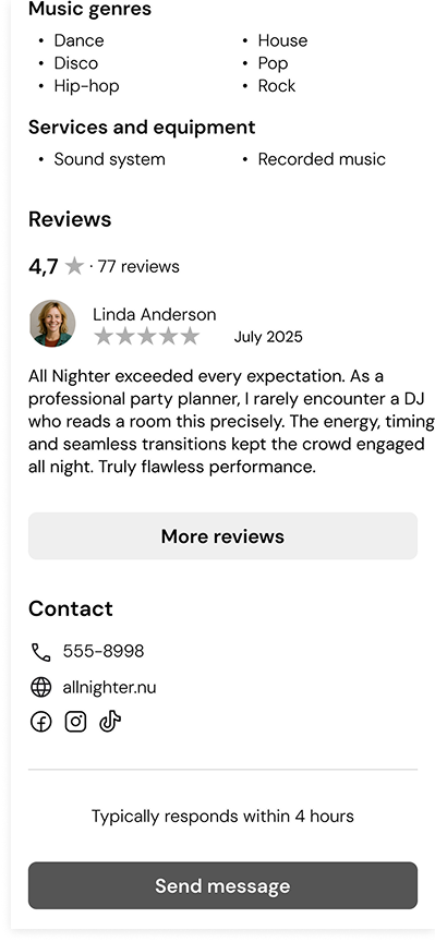 Mobile app screen showing a DJ vendor profile.