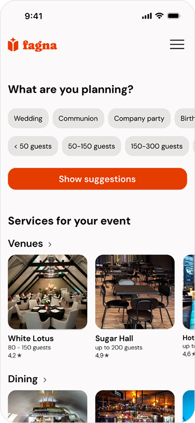 Event planning app interface showing options for event types, guest numbers, and venue suggestions.