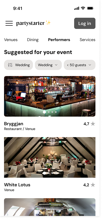 Mobile screen showing Partystarter app with suggested wedding venues and performers.