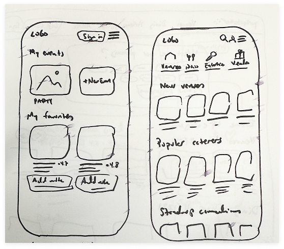 Hand-drawn wireframe sketch of two mobile app screens.