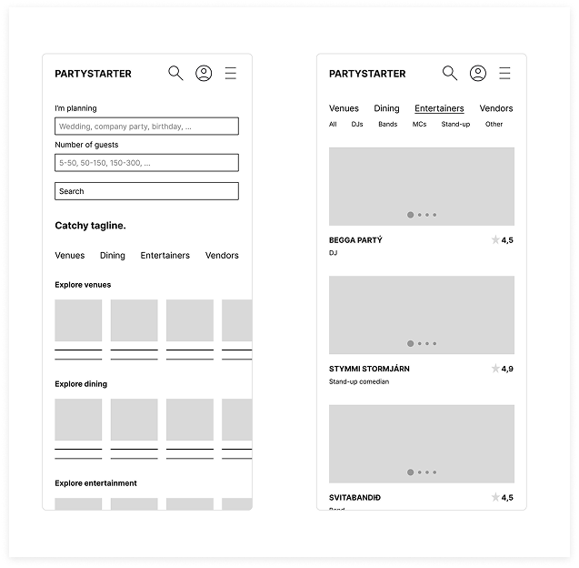 Mobile app interface for PARTYSTARTER with a planning search form on the left and a list of entertainers with ratings on the right.
