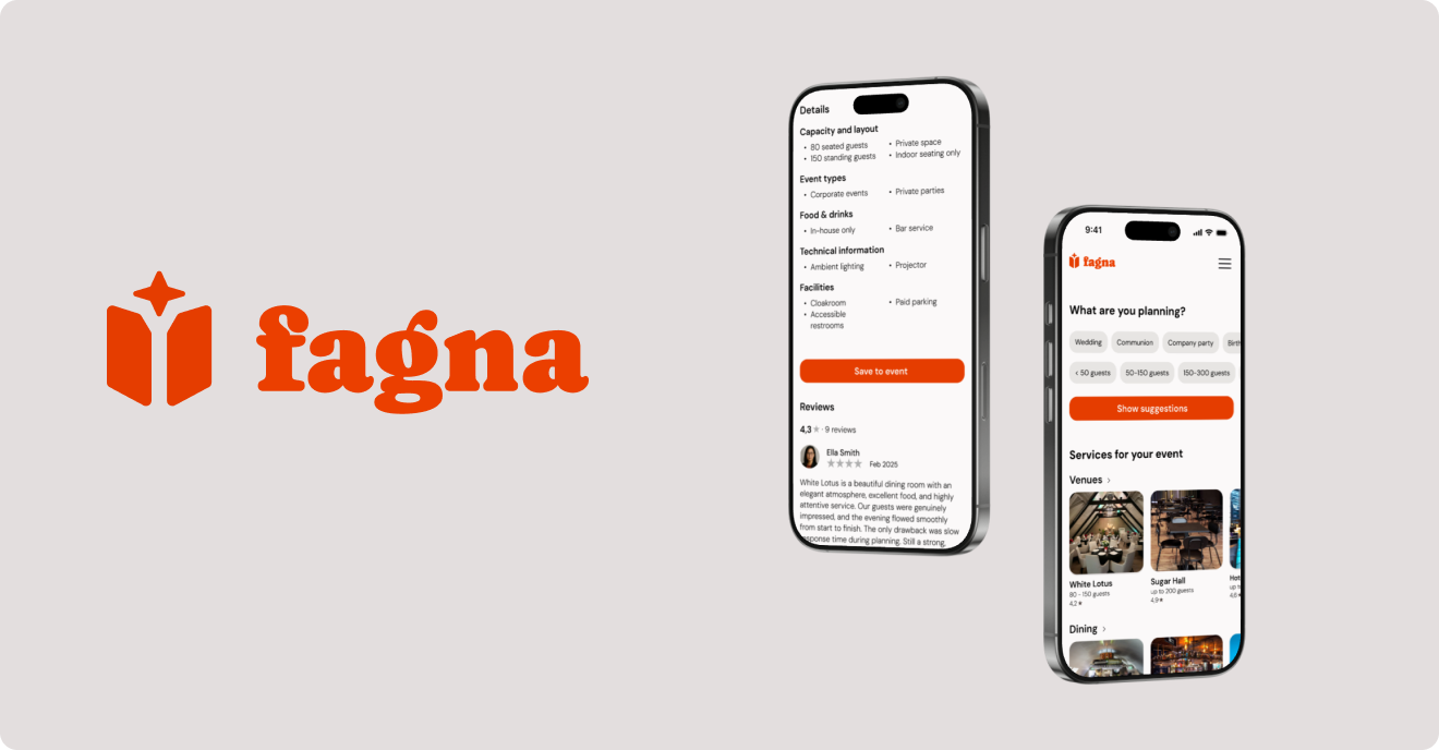 Fagna logo on the left with two smartphones on the right displaying an event planning app interface.