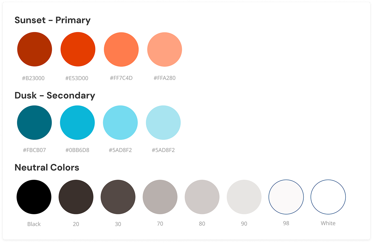 Color palette with three sections: Sunset Primary colors in orange shades, Dusk Secondary colors in blue shades, and Neutral Colors.