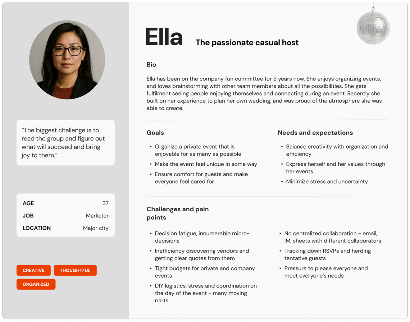 Profile of Ella, a 37-year-old marketer from a major city, with a photo, quote, personality traits, and detailed bio including goals, needs, challenges, and pain points as a passionate casual event host.