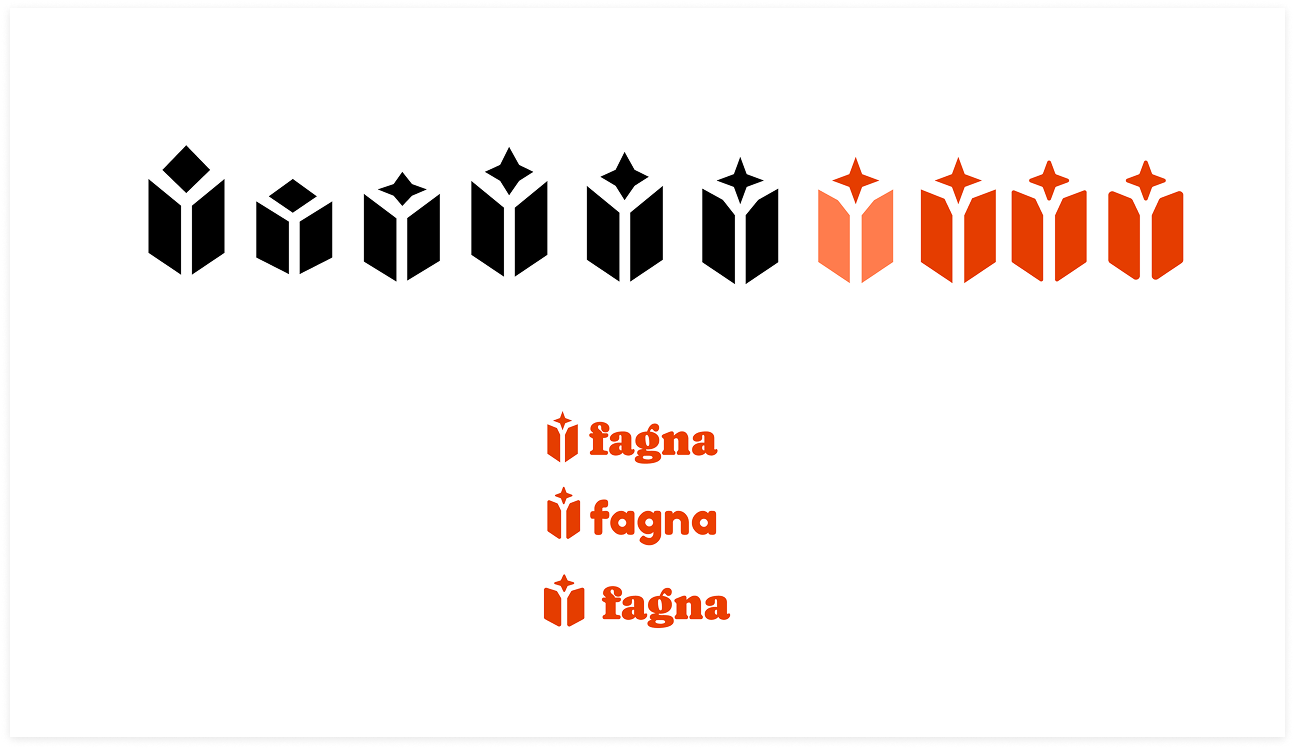 Row of abstract book logos transitioning from black to orange, below three orange stylized book icons with star shapes and the word 'fagna' in different orange fonts.