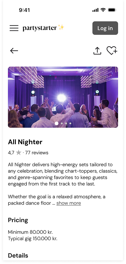 Mobile app screen showing a partystarter vendor profile.