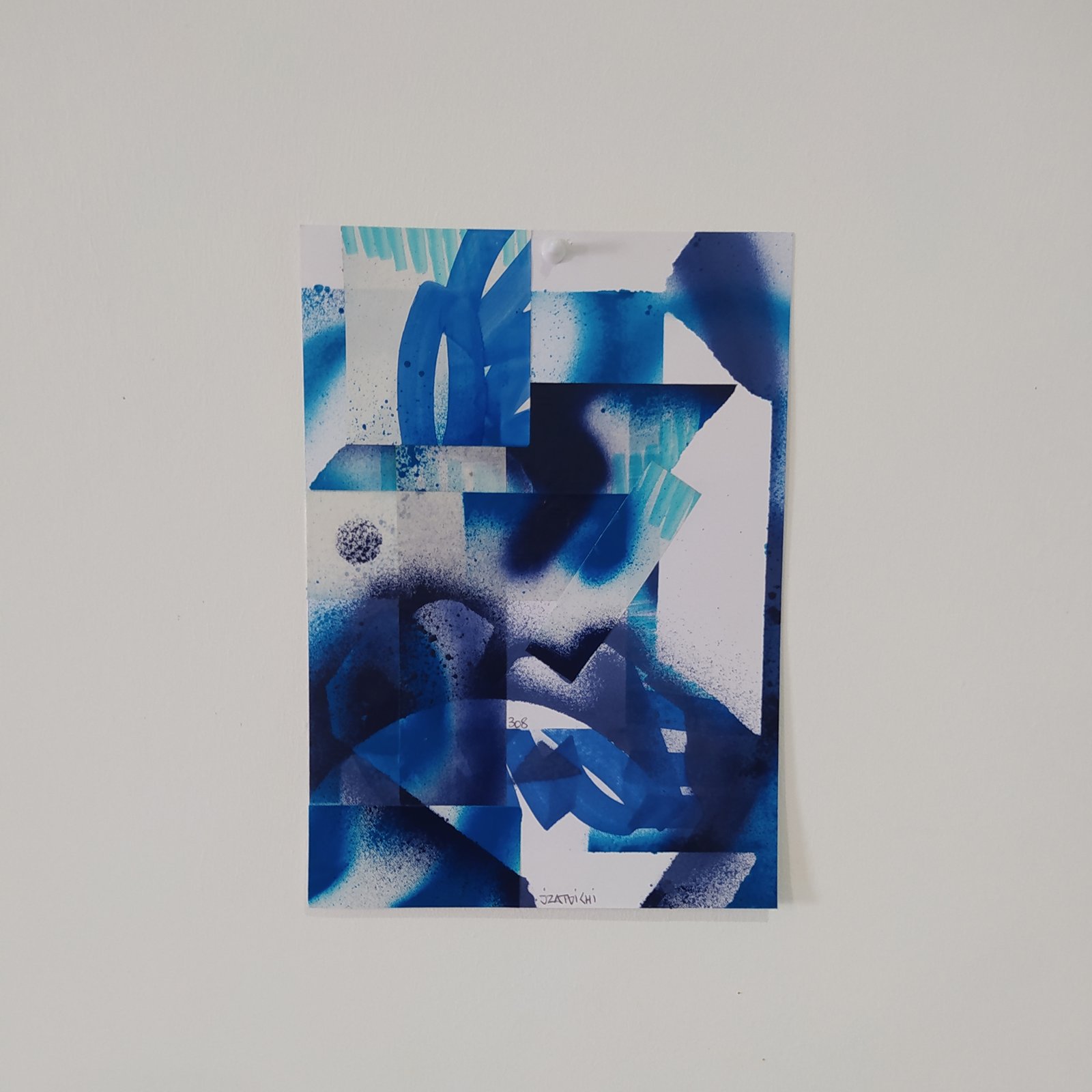 Collage abstrait A4 JZatoichi. Mélange de lettering, couleurs vives et textures papier. Œuvre unique, expédition rapide.