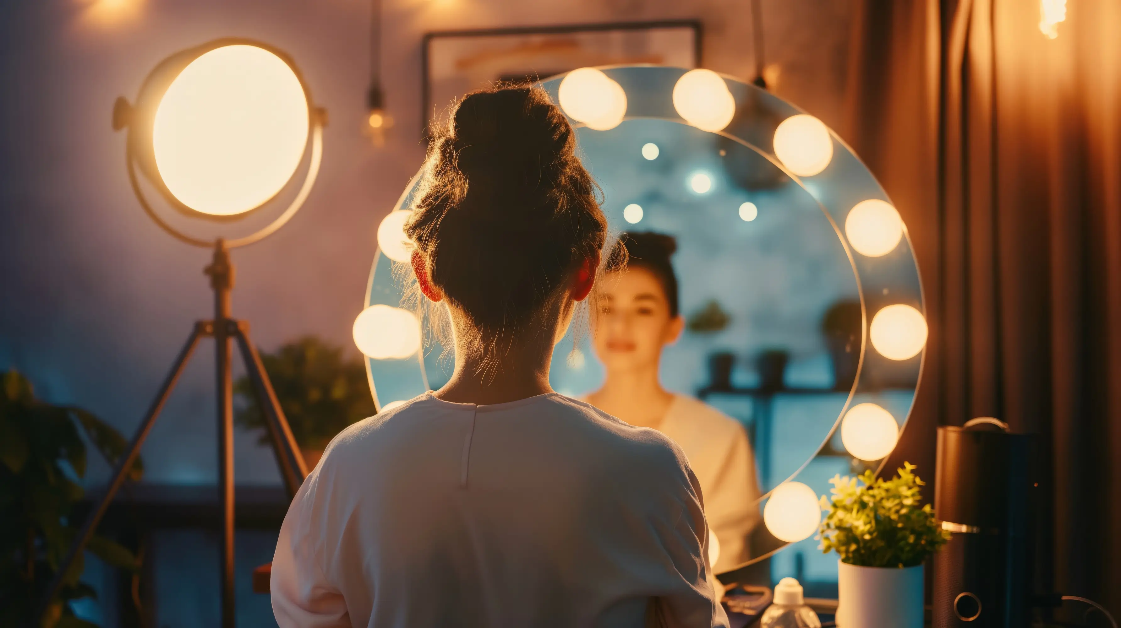 Kvinde med opbundet hår foran et oplyst sminkespejl i et hyggeligt rum.