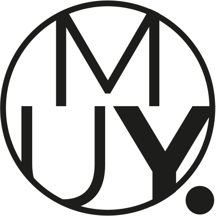 Stylized black initials M, U, Y enclosed in a circle with a dot outside the lower right.