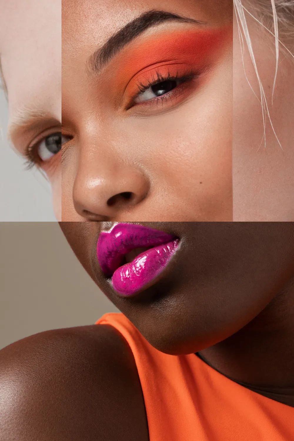 Collage of diverse facial features showing eye with orange eyeshadow, bright pink glossy lips, and parts of different faces.