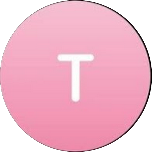Rund pink ikon med et hvidt stort bogstav T i midten.