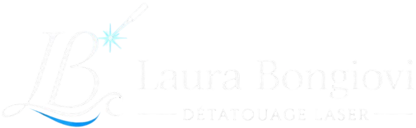 Logo with initials LB and a laser wand emitting a blue spark next to text Laura Bongiovi Détatouage Laser.