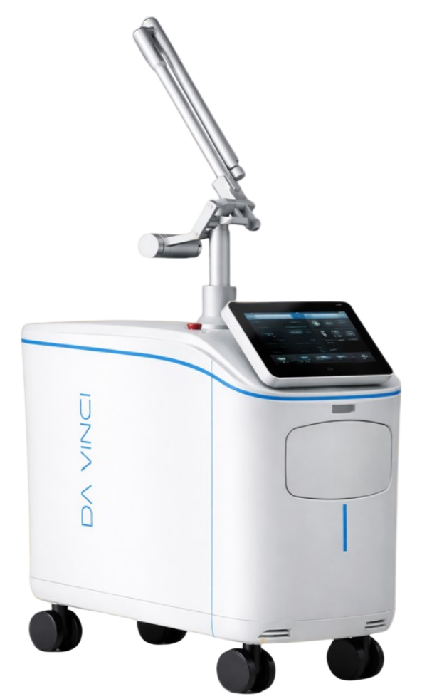 White Da Vinci medical machine with touchscreen and adjustable arm on four wheels.