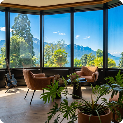 Sunlit room with large windows showing mountains and lake, two brown chairs, plants, and a guitar.