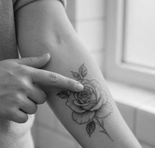 Close-up of a forearm with a detailed rose tattoo and a finger pointing at it.