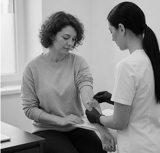 Medical professional in gloves drawing blood from woman's arm in a clinical setting.