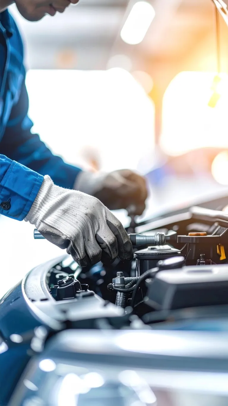 Auton huoltotyö korjaamolla, mekaanikko työskentelee auton parissa