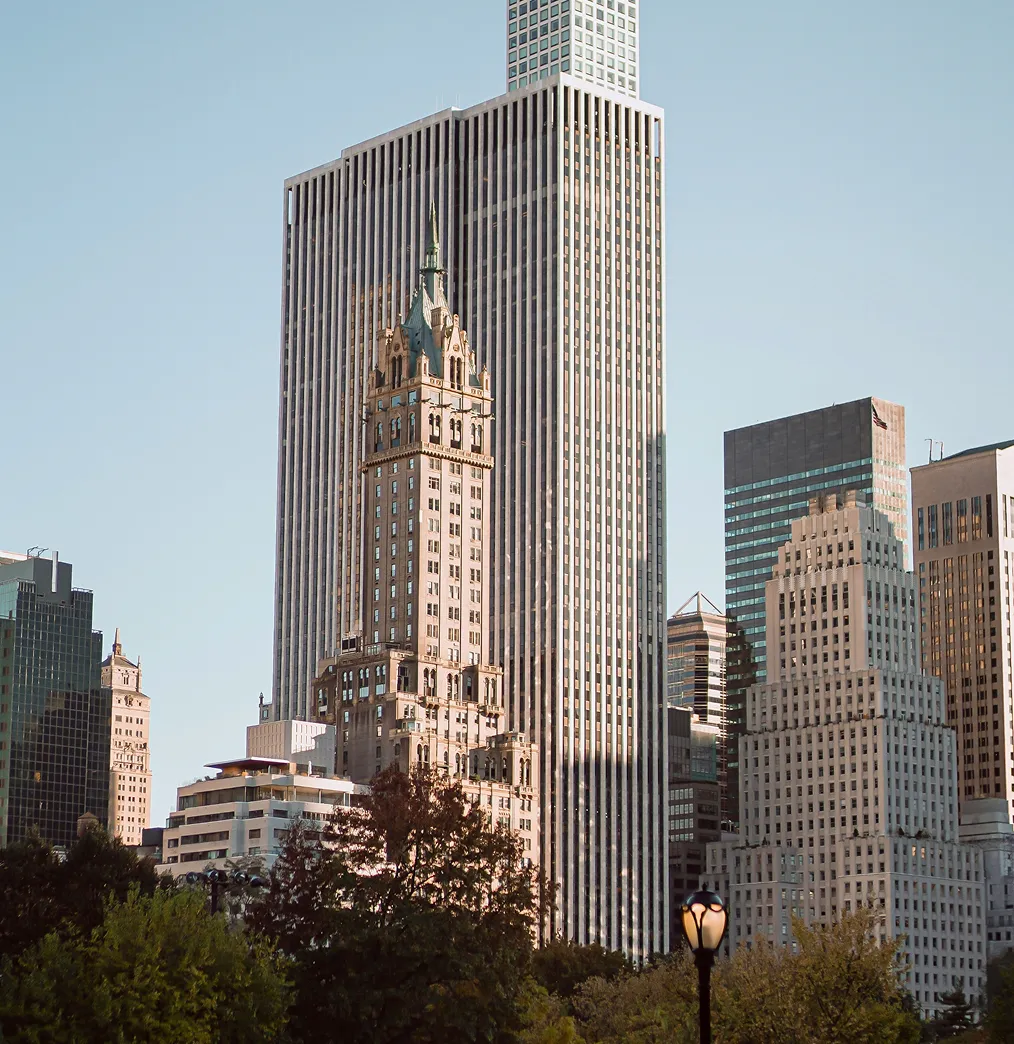 City skyline with a mix of modern and historic skyscrapers under a clear sky, with trees and a streetlamp in the foreground.