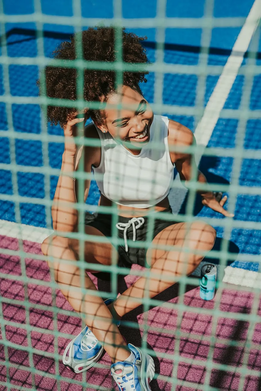 Young woman with curly hair sitting cross-legged on a blue and purple sports court behind a green net, smiling and wearing a white sleeveless top, black shorts, and sneakers, with a can beside her.