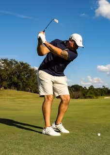 Golfer in a navy shirt, white shorts, and white cap preparing to swing a golf club on a green golf course under a blue sky with clouds.